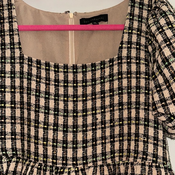 Square Neck Plaid Puff Sleeve Midi Dress - Black & Cream - Picture 5 of 6